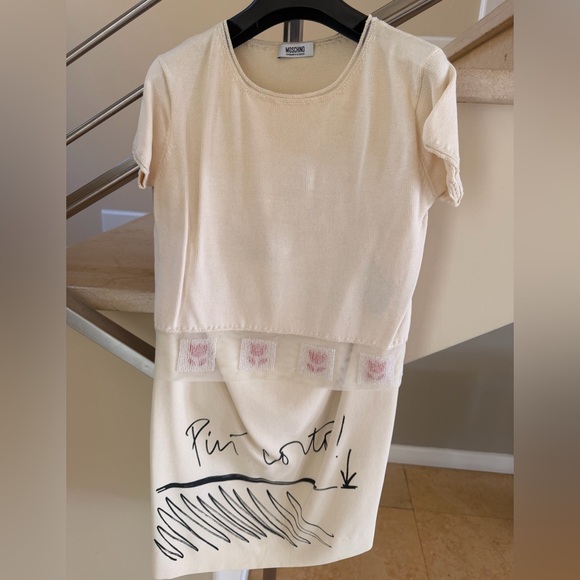 Moschino Tops - Vintage Moschino Cream Short-Sleeve Knit Tee with Decorative Hem